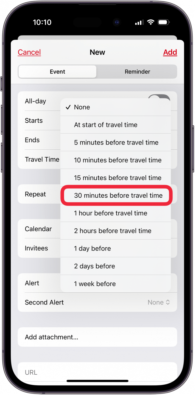 select alert time for icloud family calendar from menu