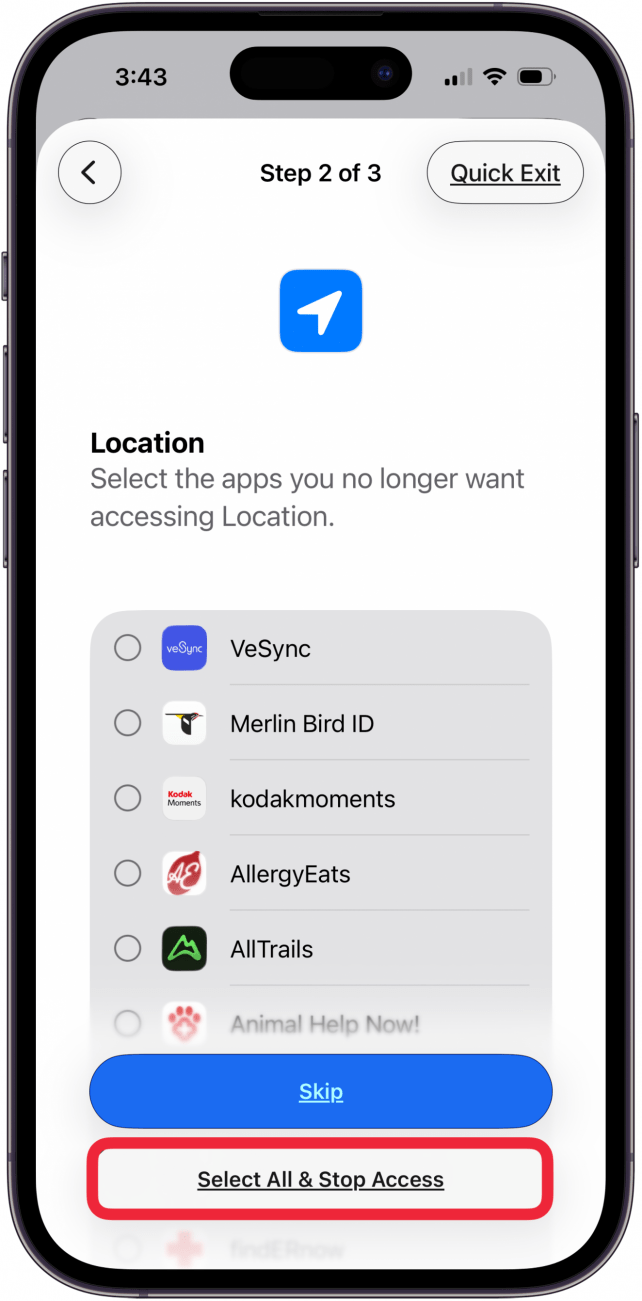 select all and stop access location for apps