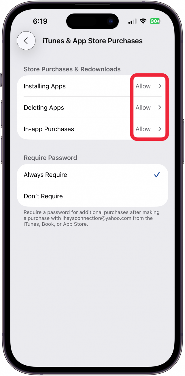 select allow for all app and purchase categories