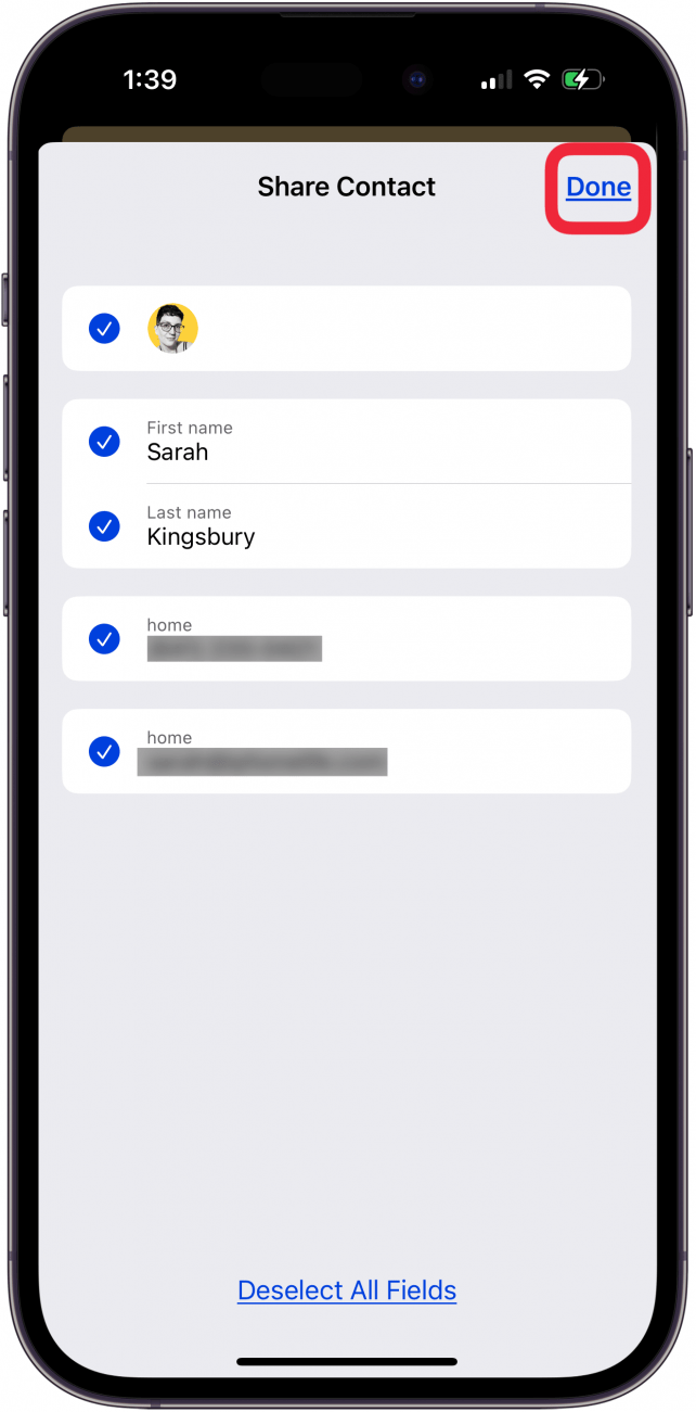 select which parts of contact card to share then tap done
