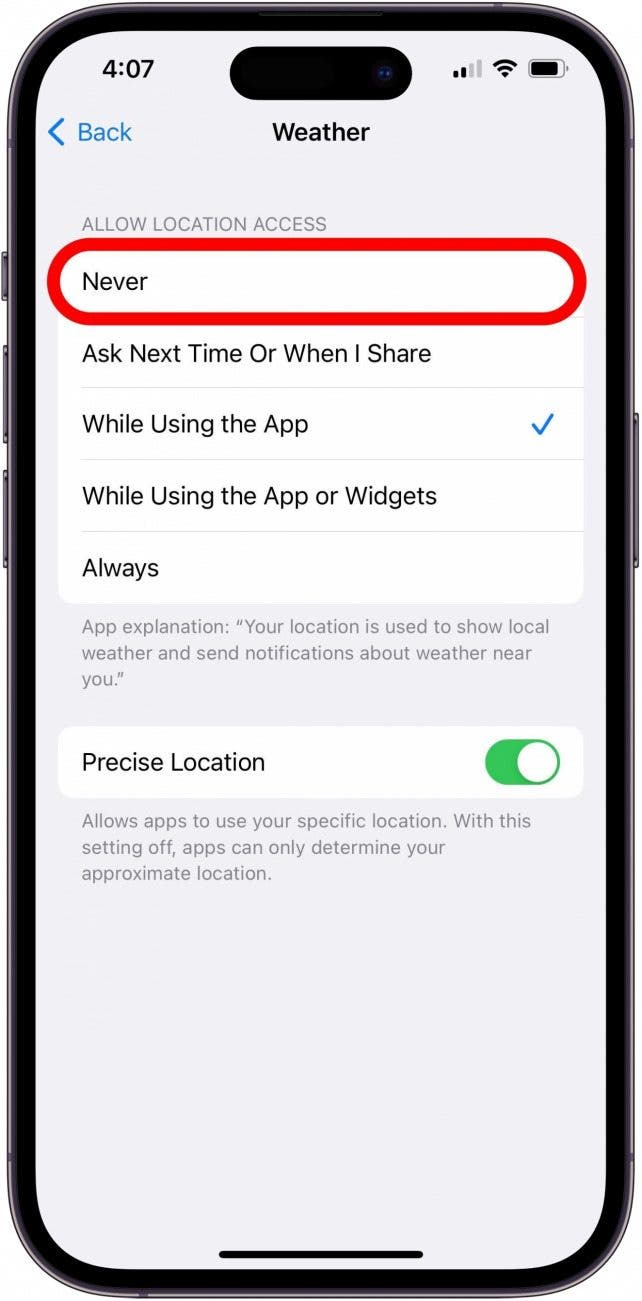 Location Services screen for the Weather app with the Never option marked.