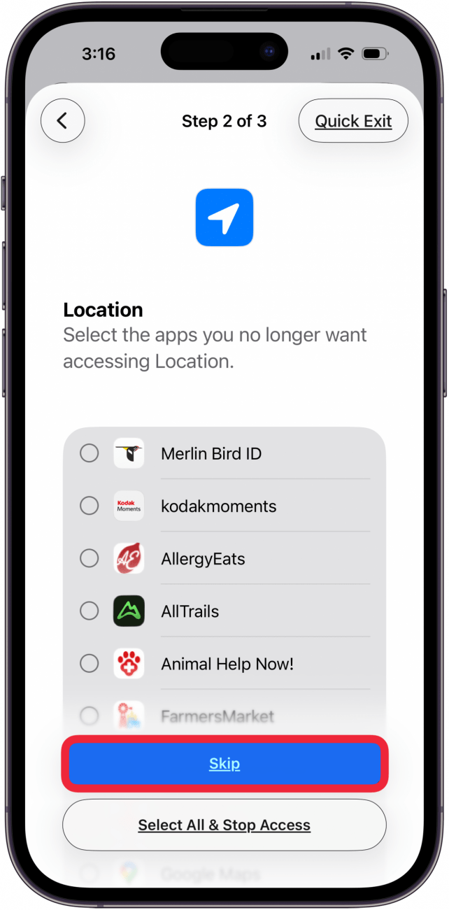 skip app location settings