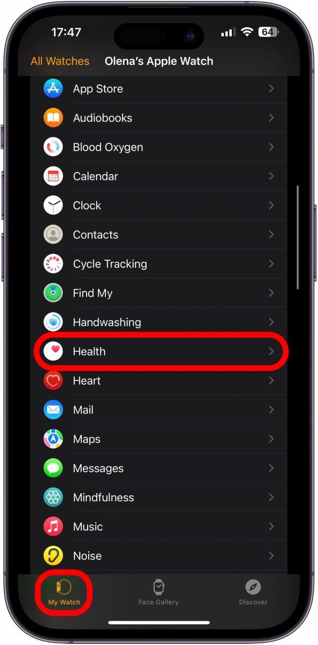 On the My Watch screen, scroll down and tap on Health.