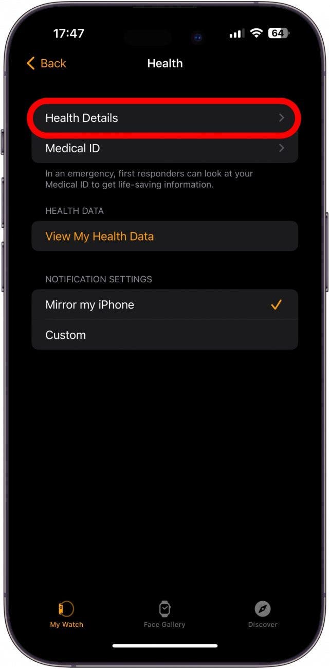 Select Health Details.