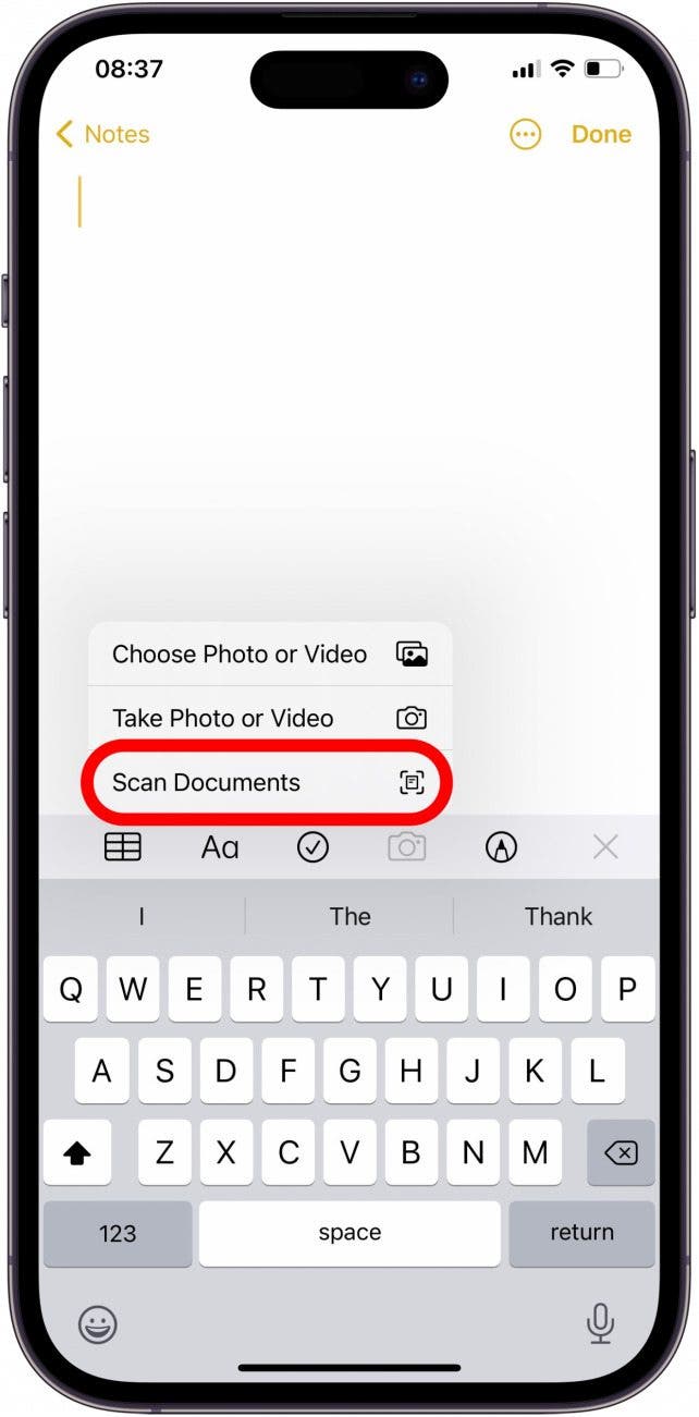 Select scan documents to scan a photo in the Notes app