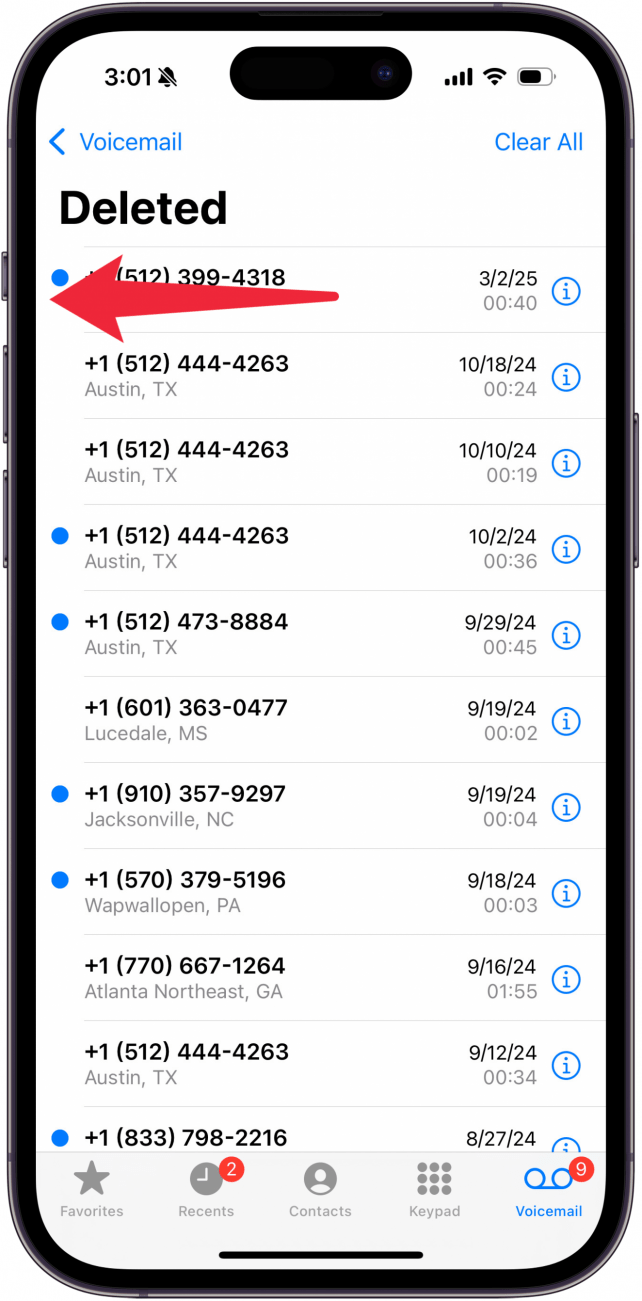 swipe left across deleted voicemail you want to delete