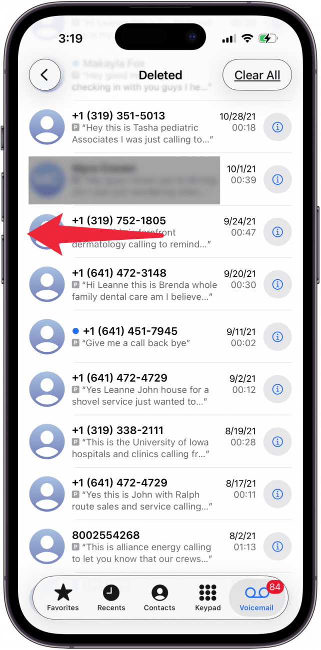 swipe left across voicemail to delete swipe left across voicemail to delete