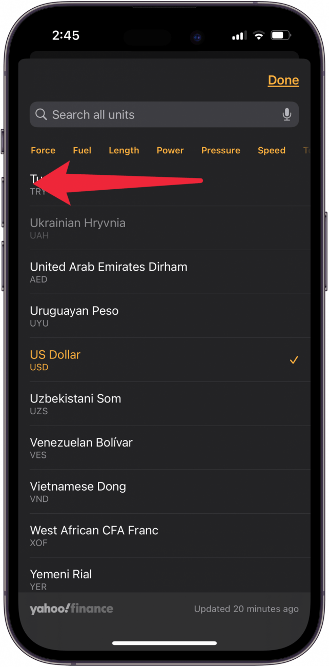 swipe left to change unit converters type