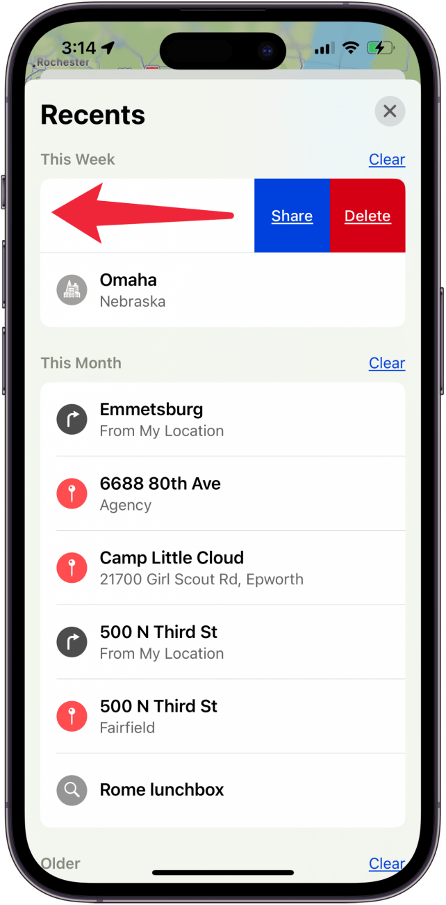 swipe left to delete individual search in iphone maps history