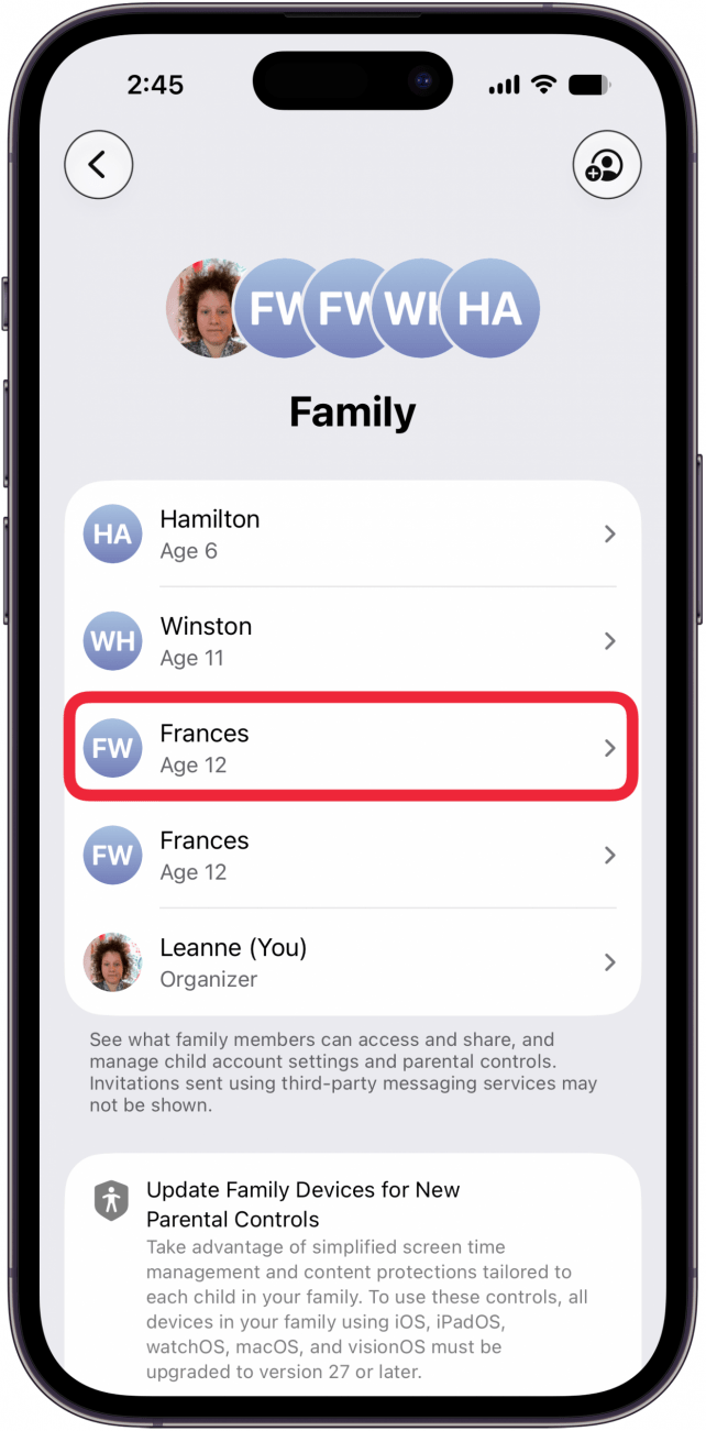tap a child in family settings tap a child in family settings