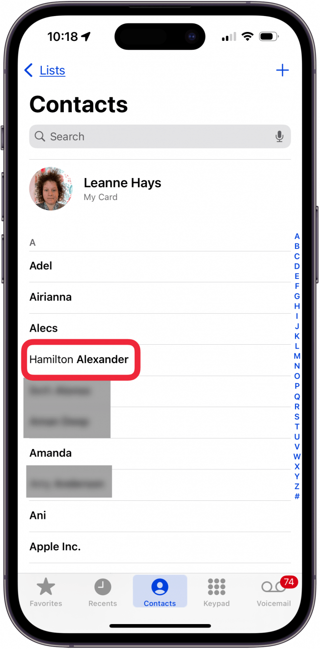 tap a contact in contacts tab