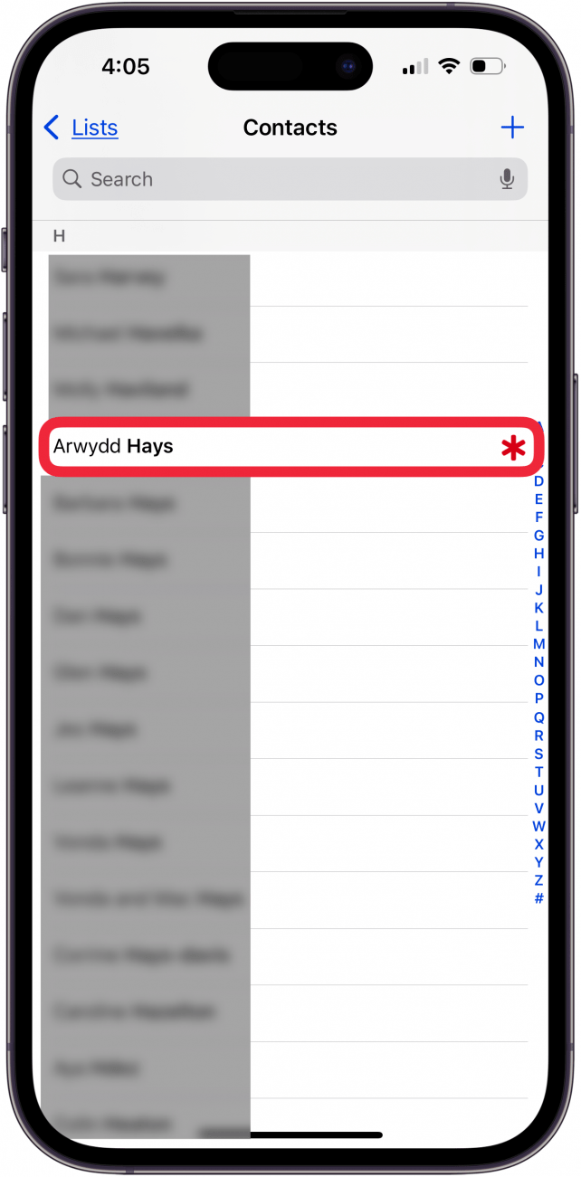 tap a contact name in comtacts app