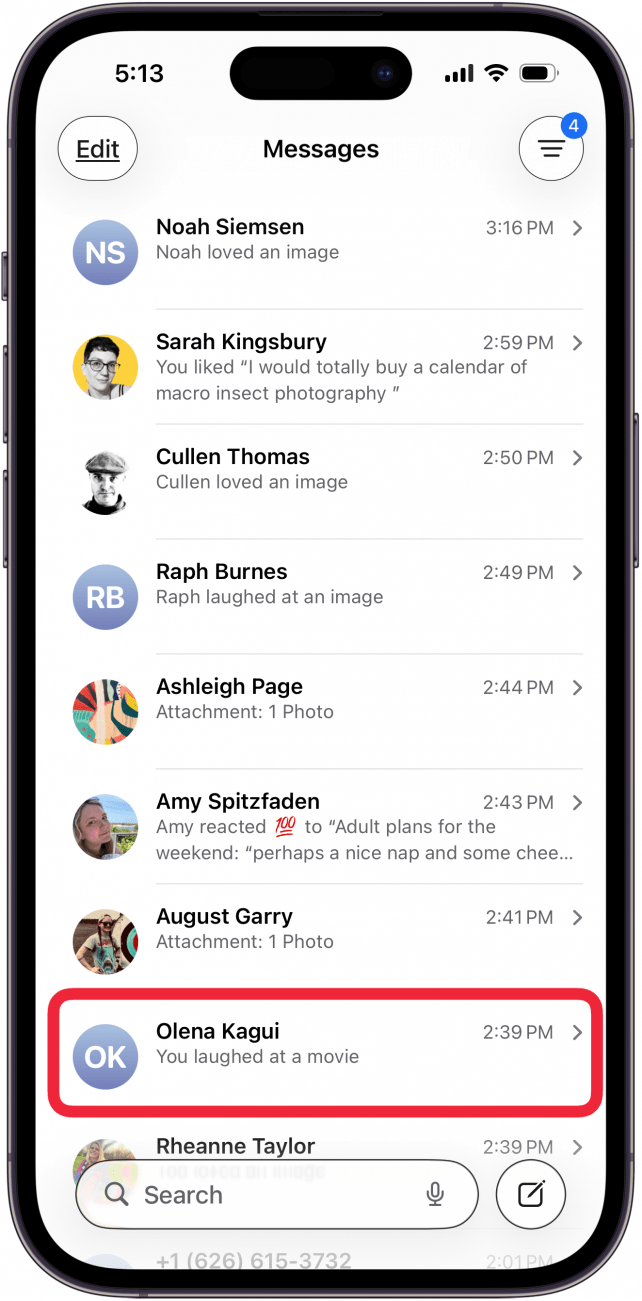 tap a messages thread to silence