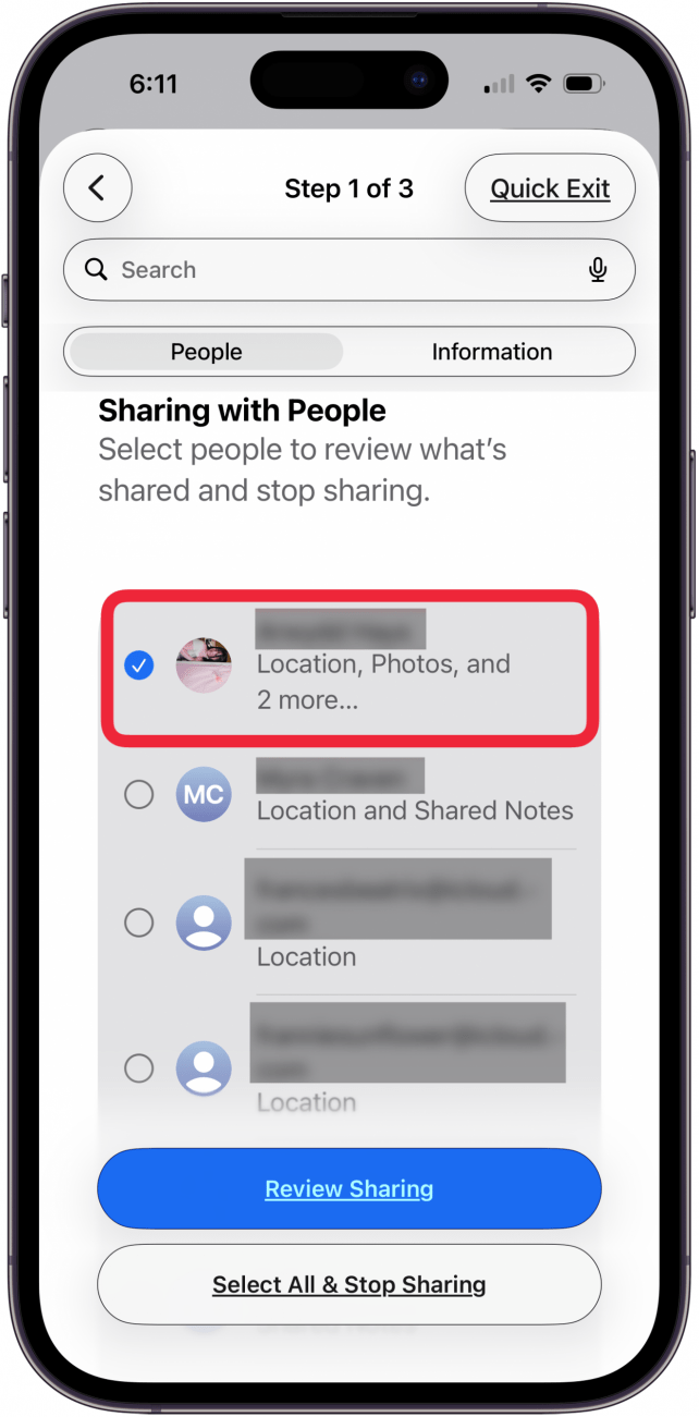 tap a person's name in sharing with people