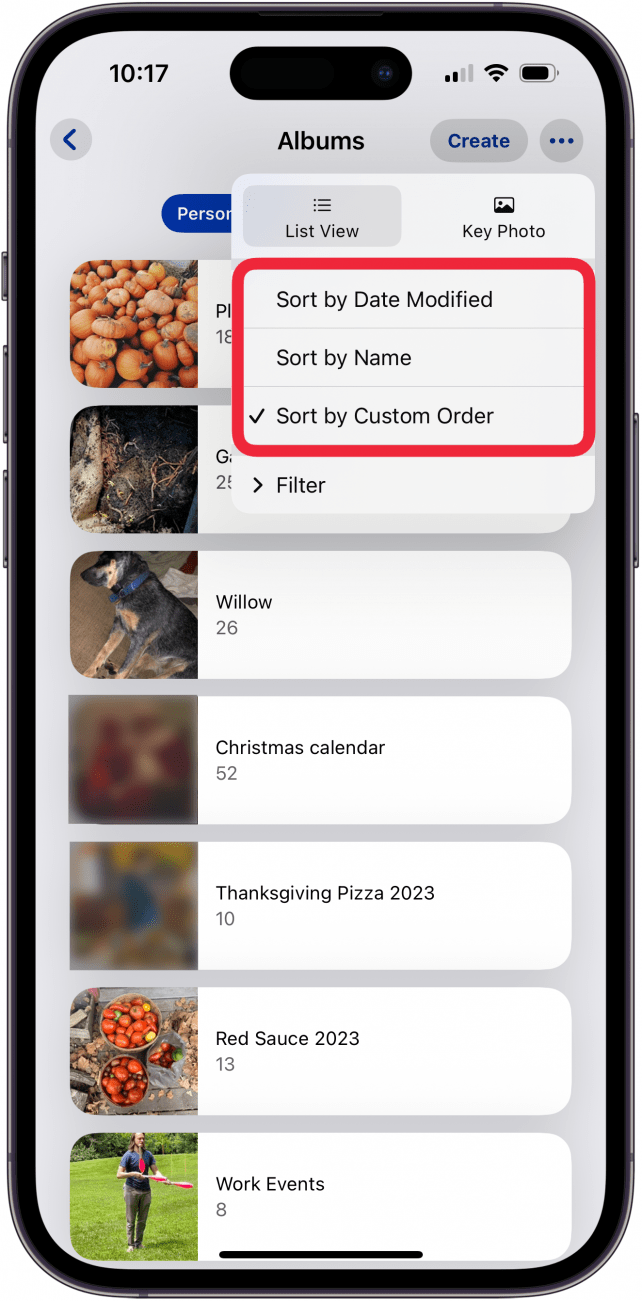 tap a photo album sorting option