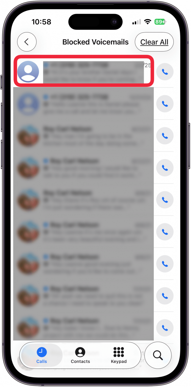 tap a voicemail in blocked voicemail on iphone