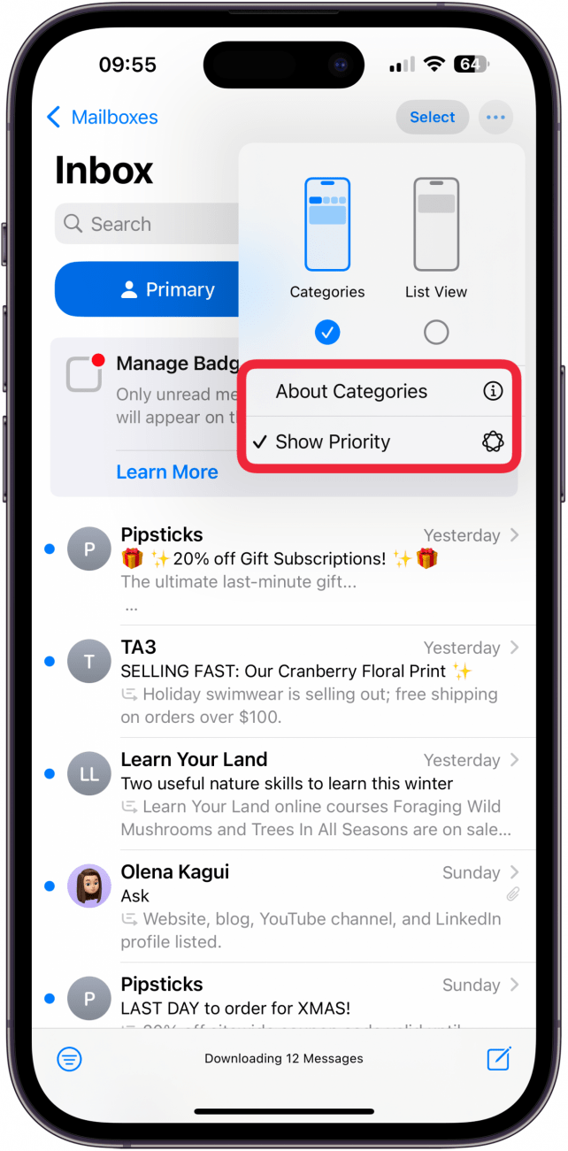 tap about categories or show priority