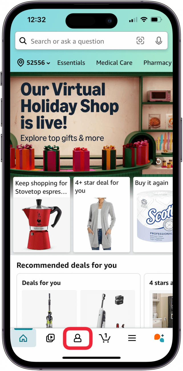 tap account icon in amazon app