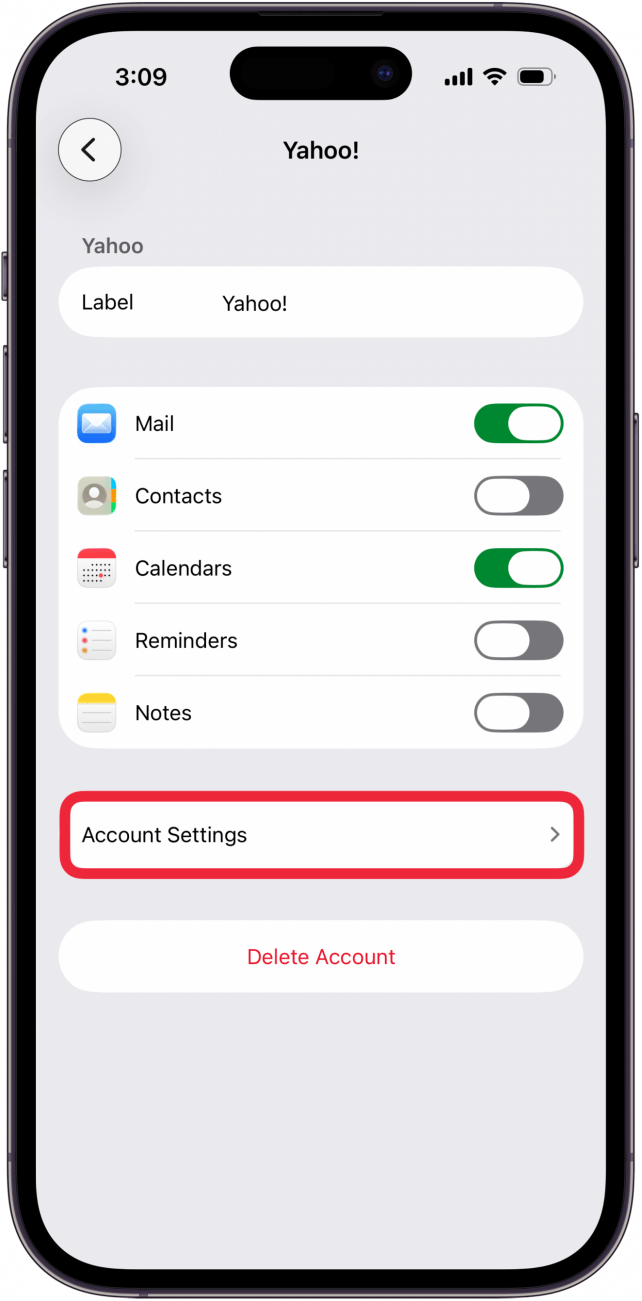 tap account settings in chosen mail app