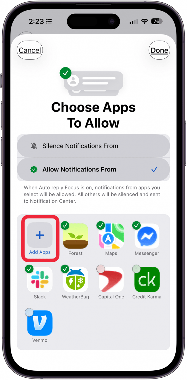 tap add apps in choose apps to allow