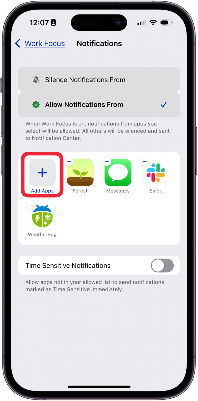 tap add apps in focus settings