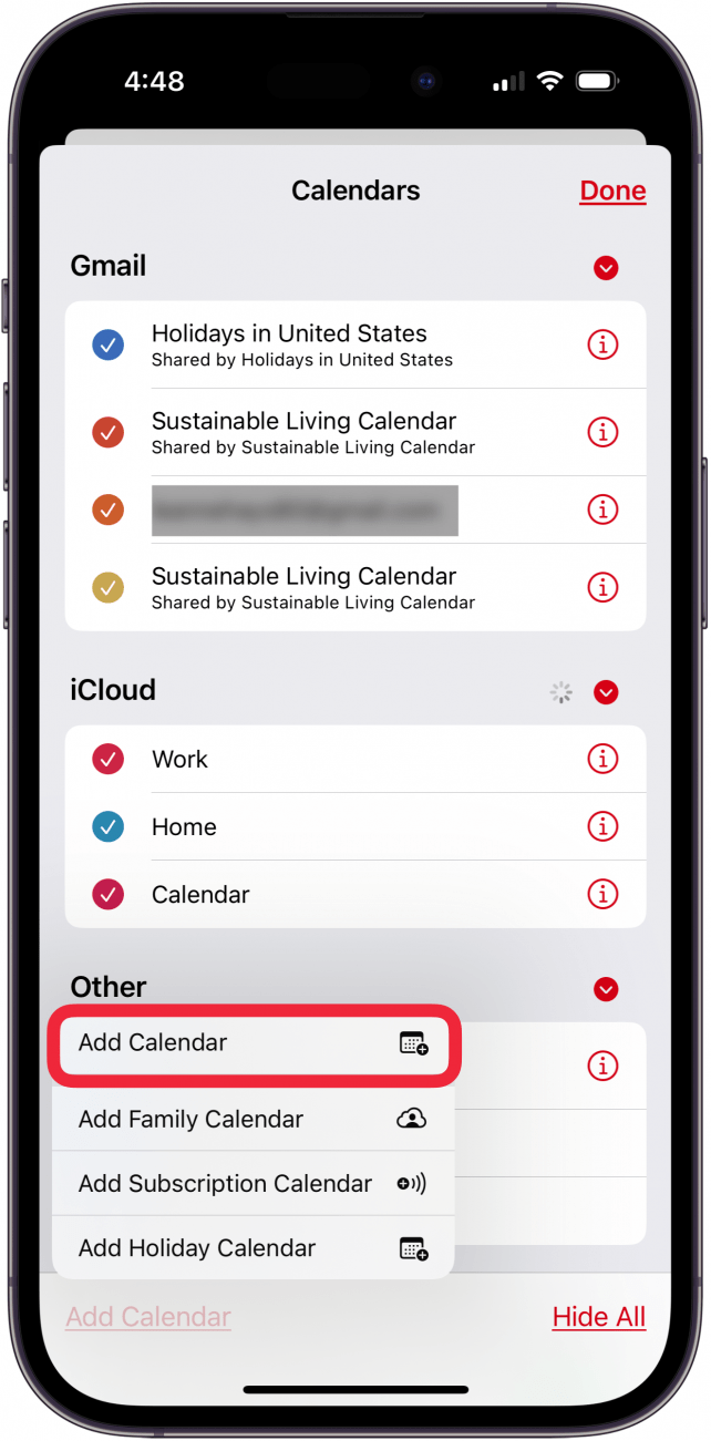 tap add calendar from menu