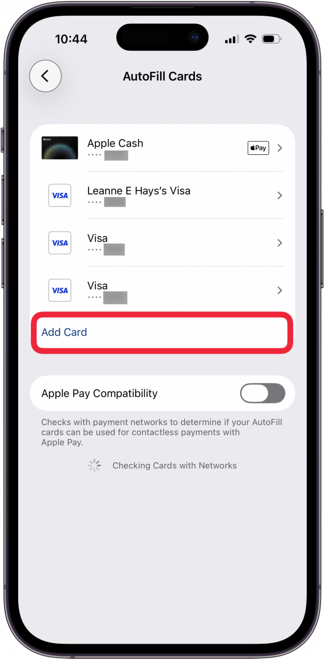 tap add card in safari autofill cards