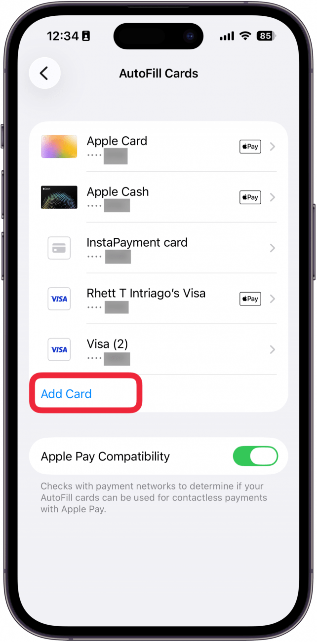 tap add card under autofill cards tap add card under autofill cards