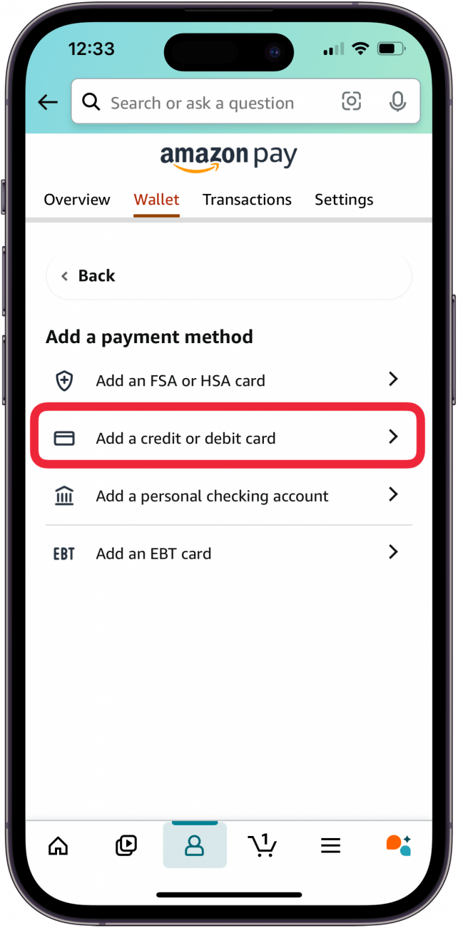 tap add credit or debit card