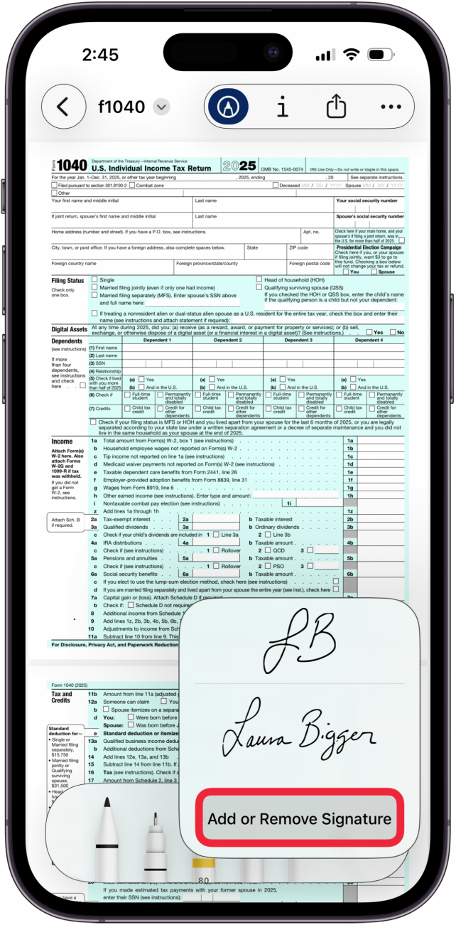 tap add or remove signature