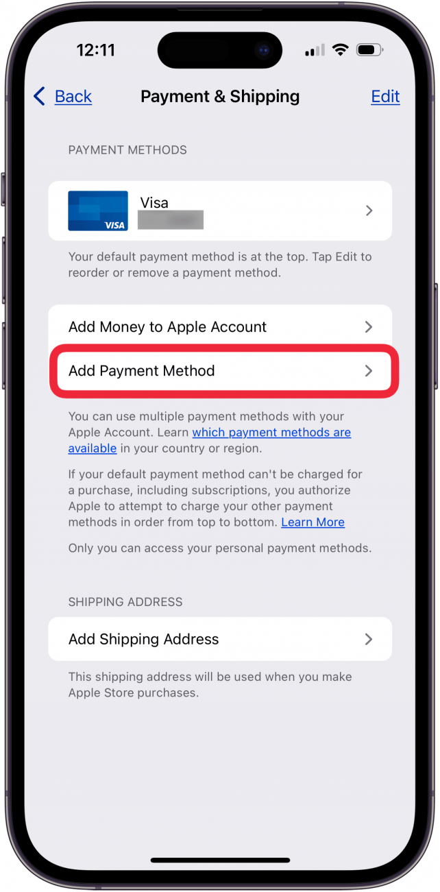 tap add payment method in payment & shipping in settings apple id