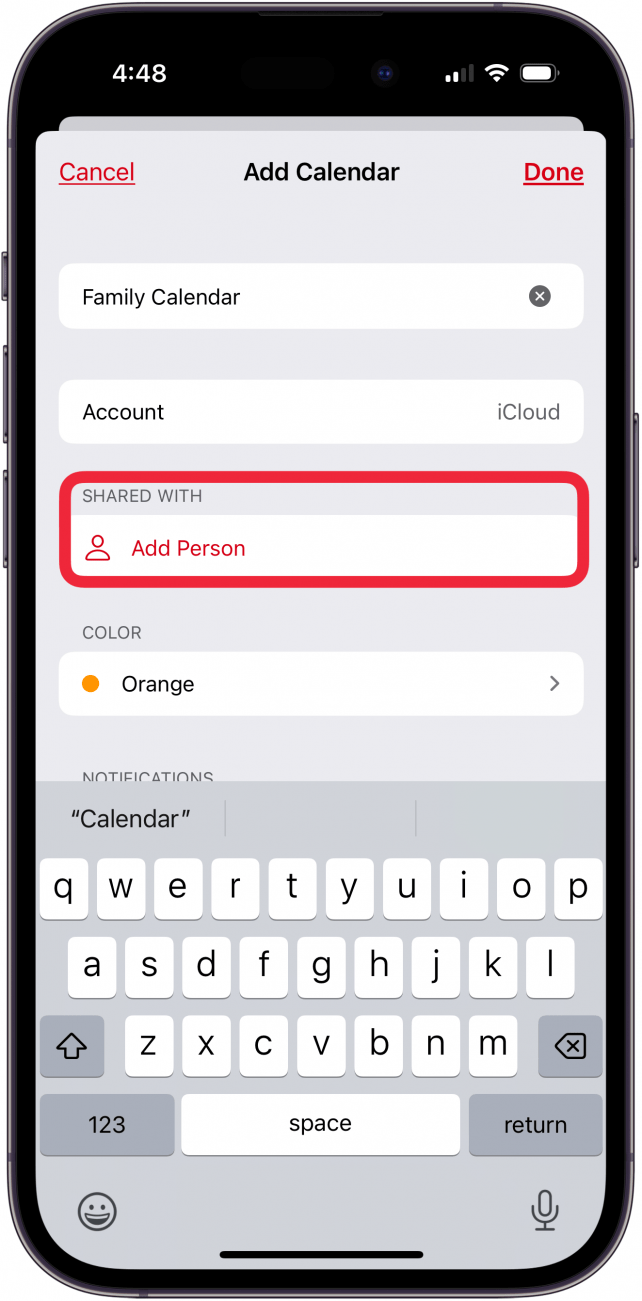 tap add person to add family member to family calendar