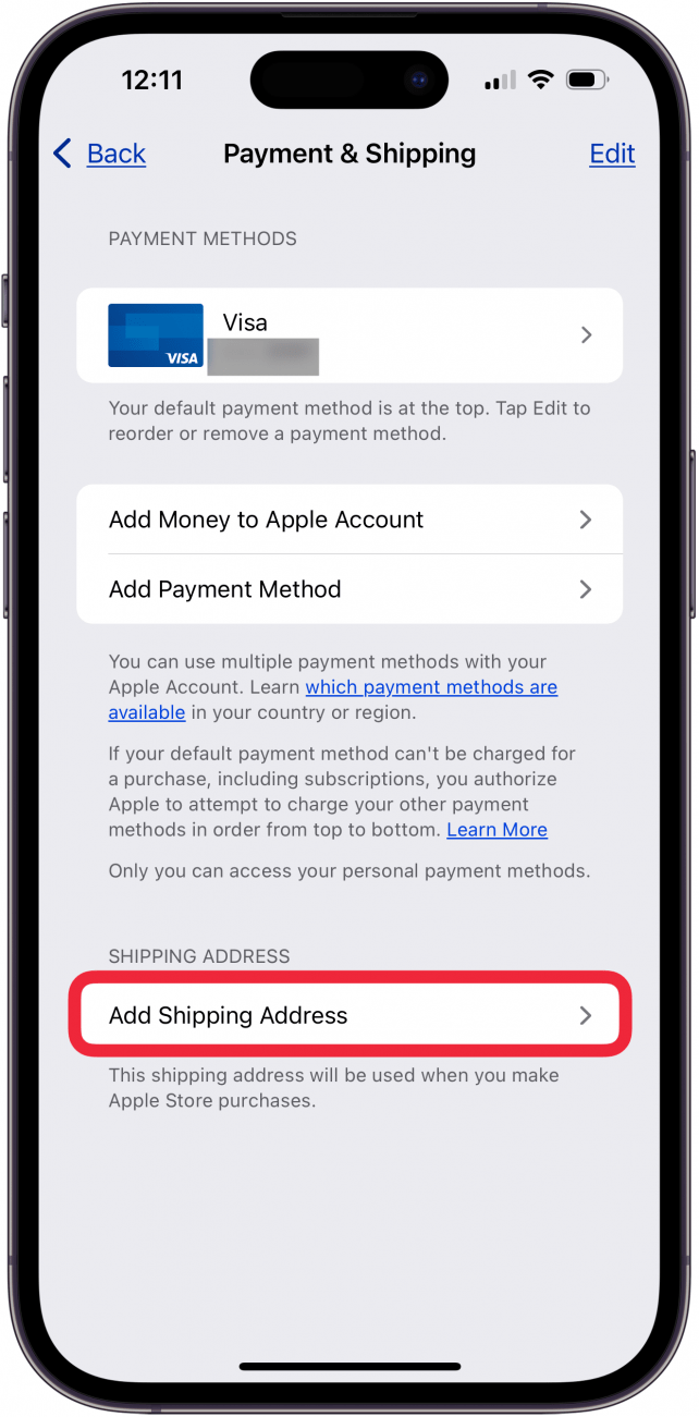 tap add shipping address to change in apple id settings