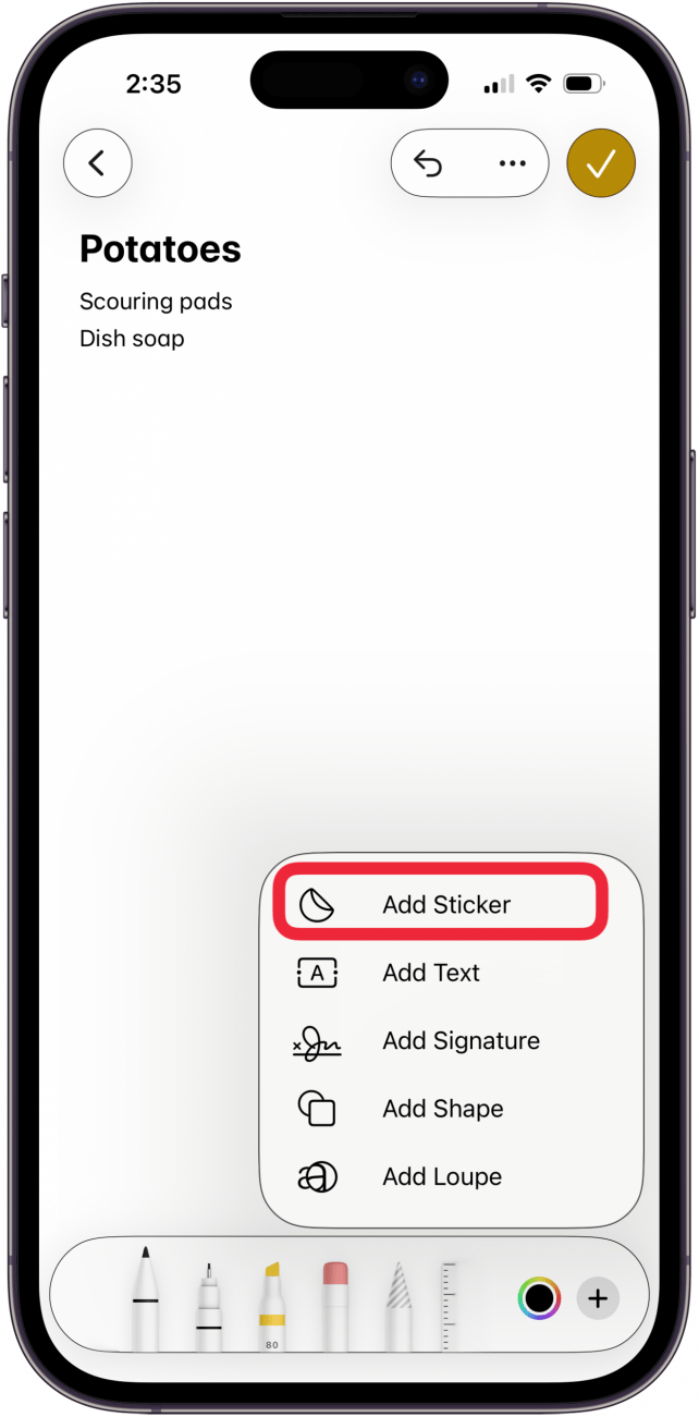 tap add sticker to add a sticker to a note