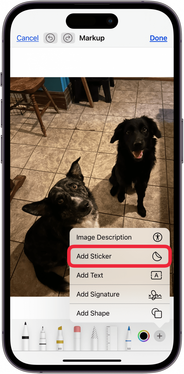 tap add sticker to add sticker to photo iphone