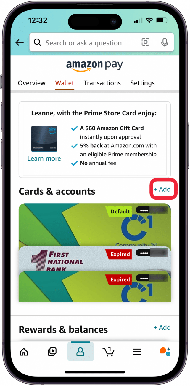 tap add to add card to amazon