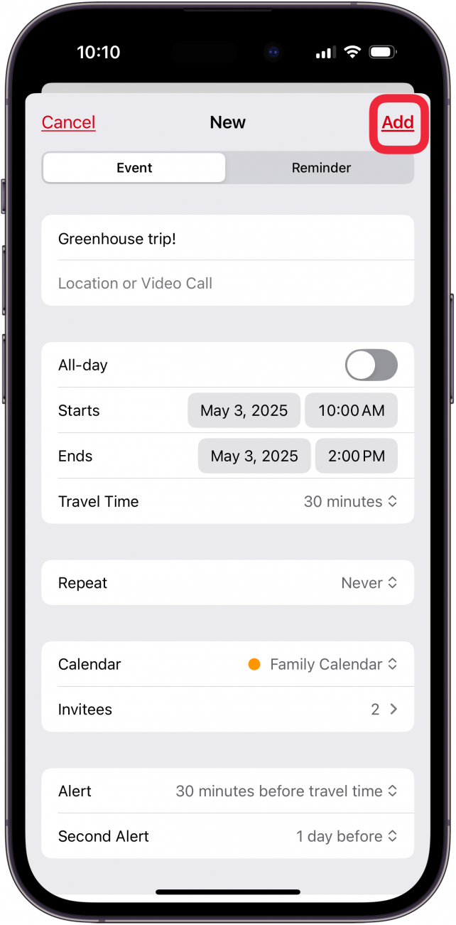 tap add to add event to icloud family calendar