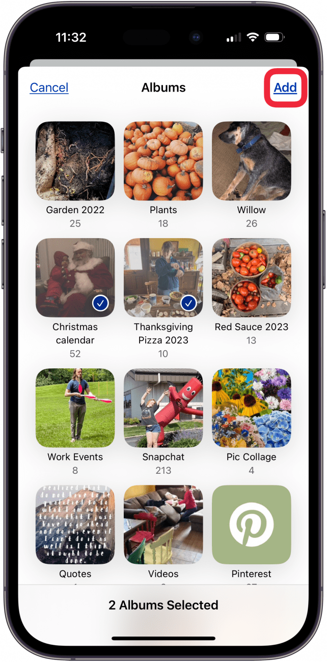 tap add to add photo albums to photo folder