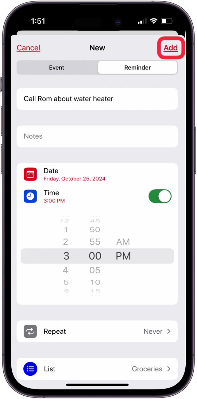tap add to add reminder to calendar
