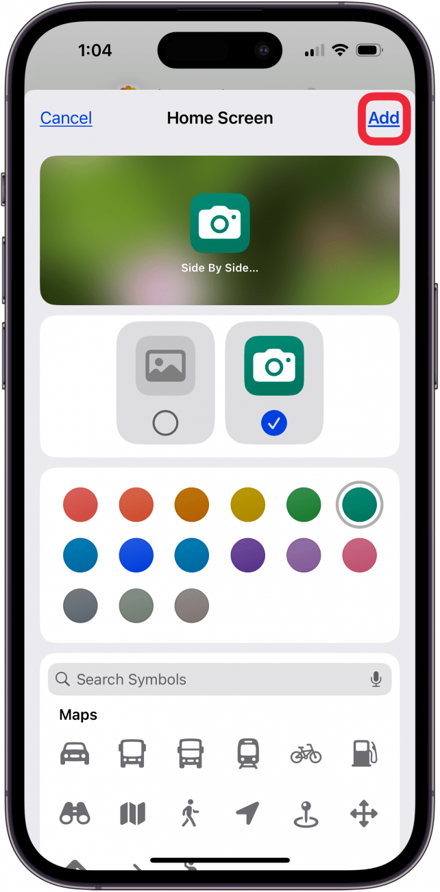 tap add to add side by side photo shortcut to home screen