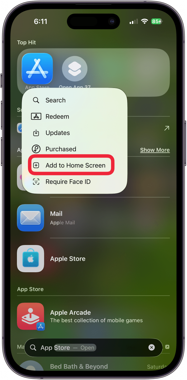 tap add to home screen to get app store back