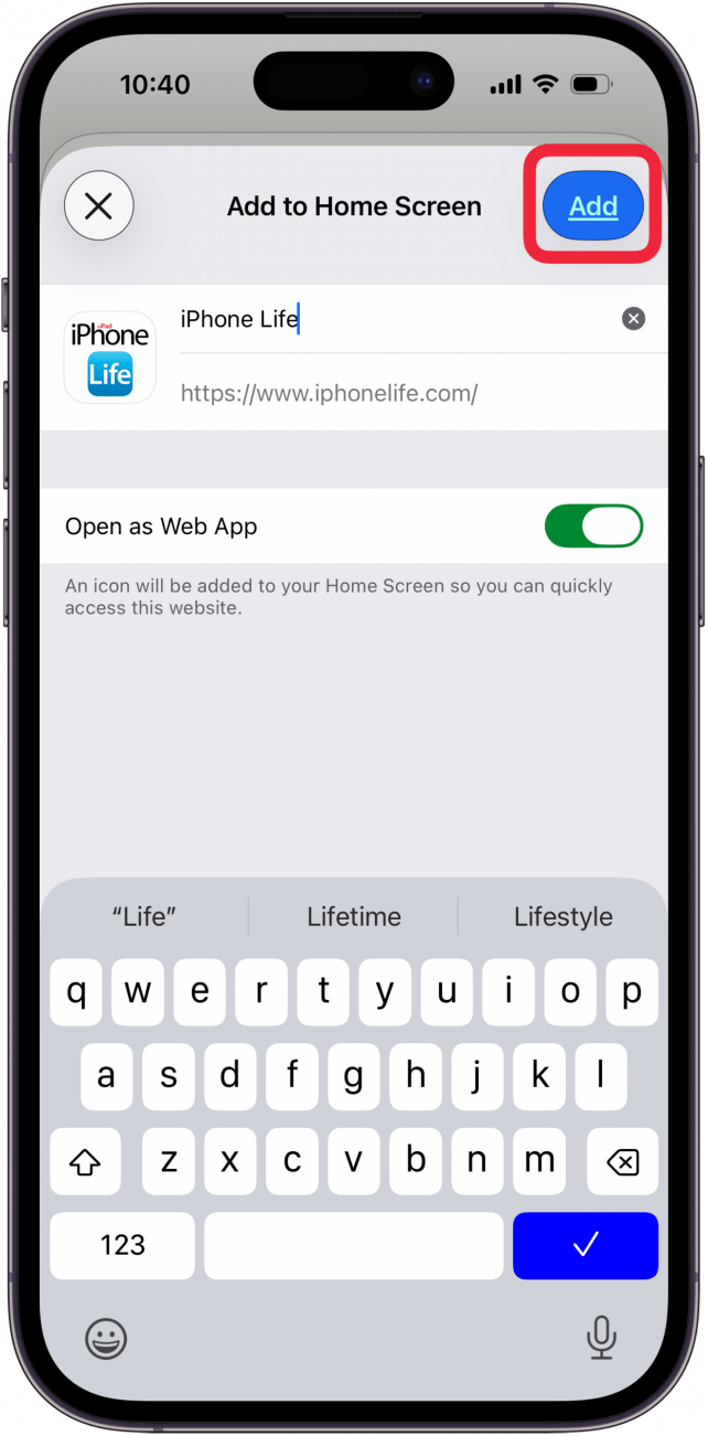 tap add to turn webpage into app