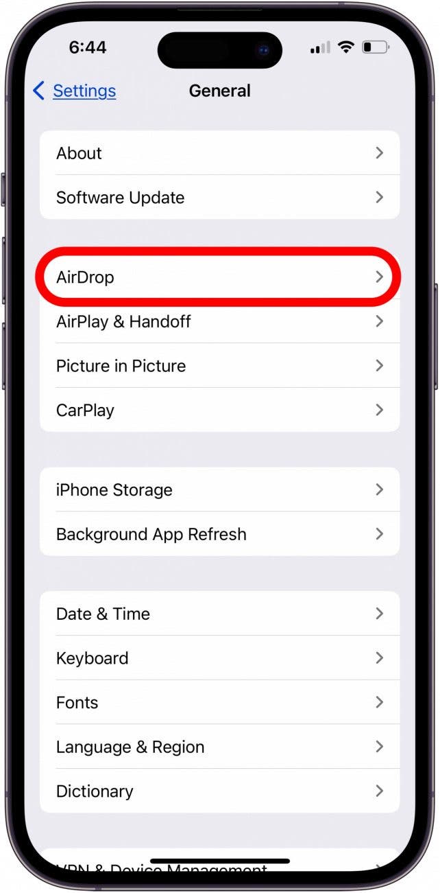 tap airdrop in general iphone settings