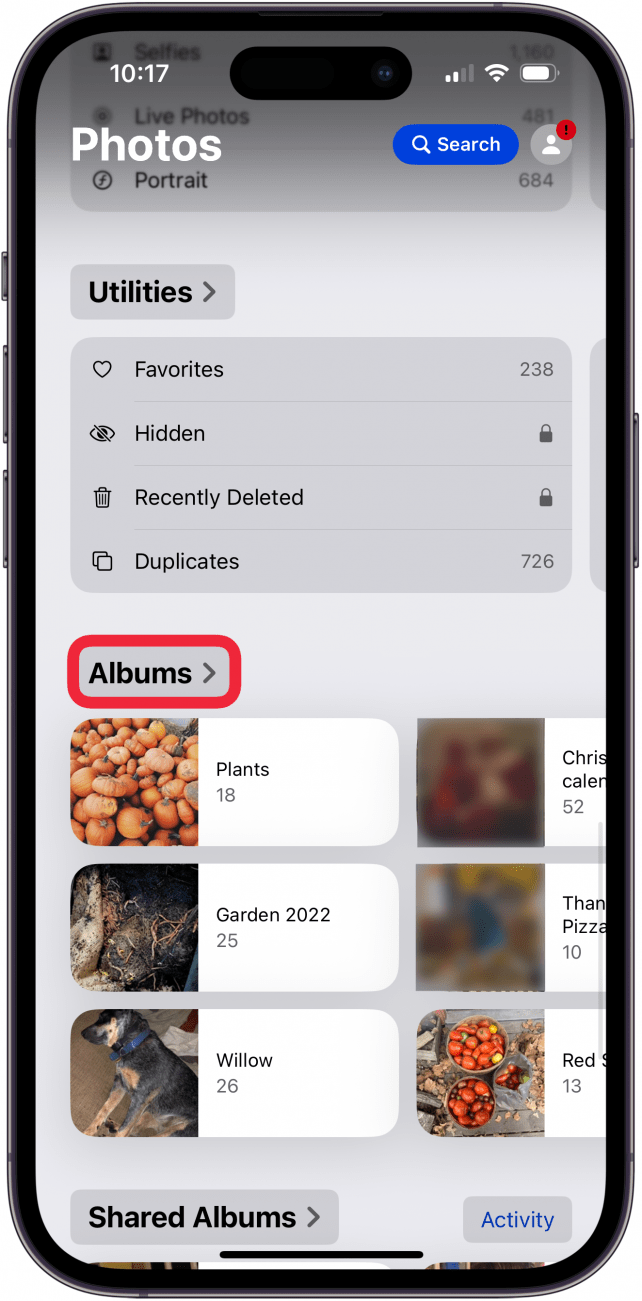 tap albums in iphone photos app