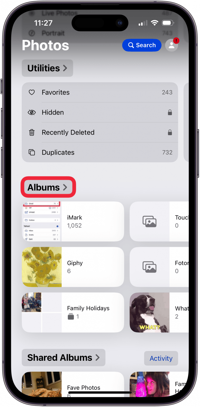 tap albums tab in photos app