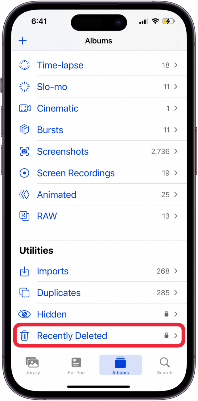 tap albums tab then recently deleted