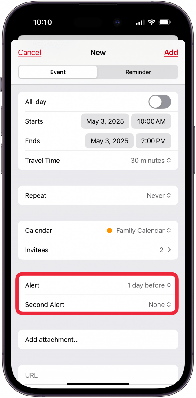 tap alert time to select icloud calendar event alert