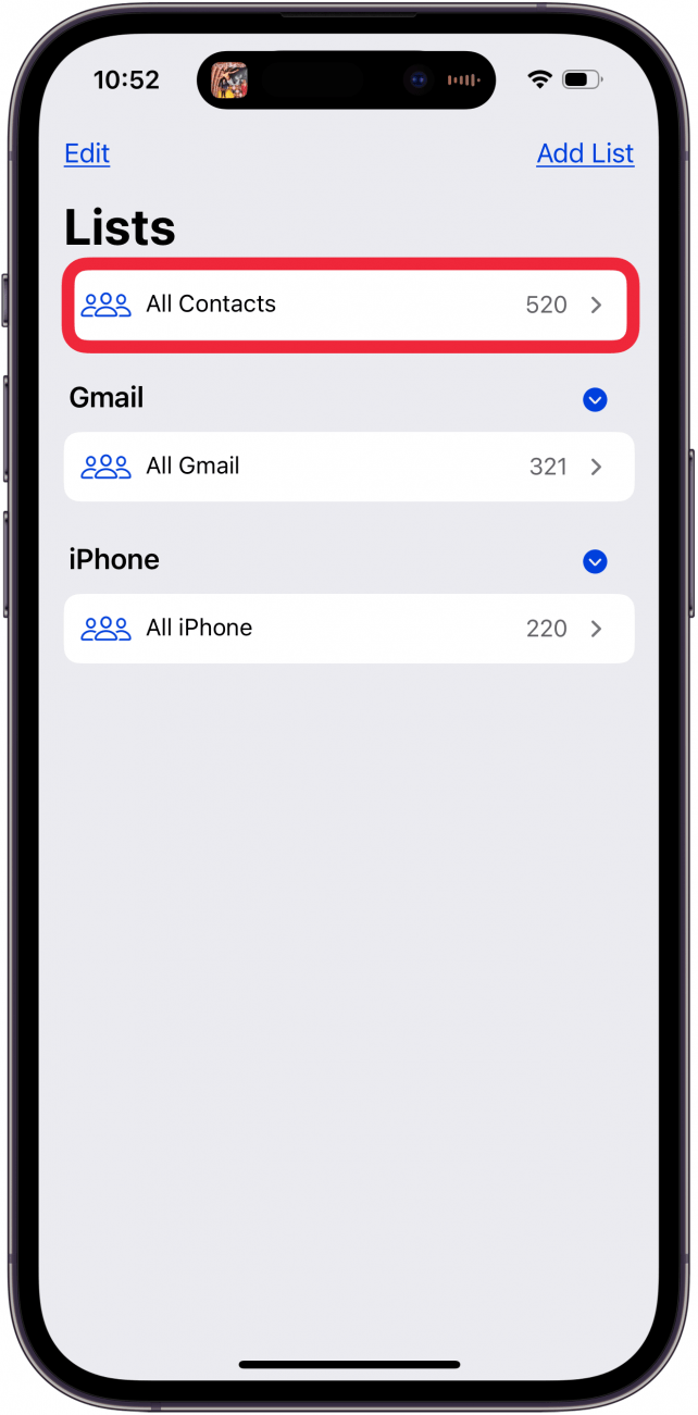 tap all contacts at top of lists
