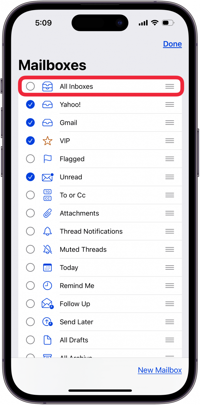 tap all inboxes in mailboxes