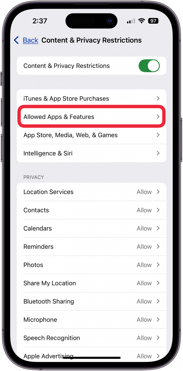 tap allowed apps and features in screen time settings